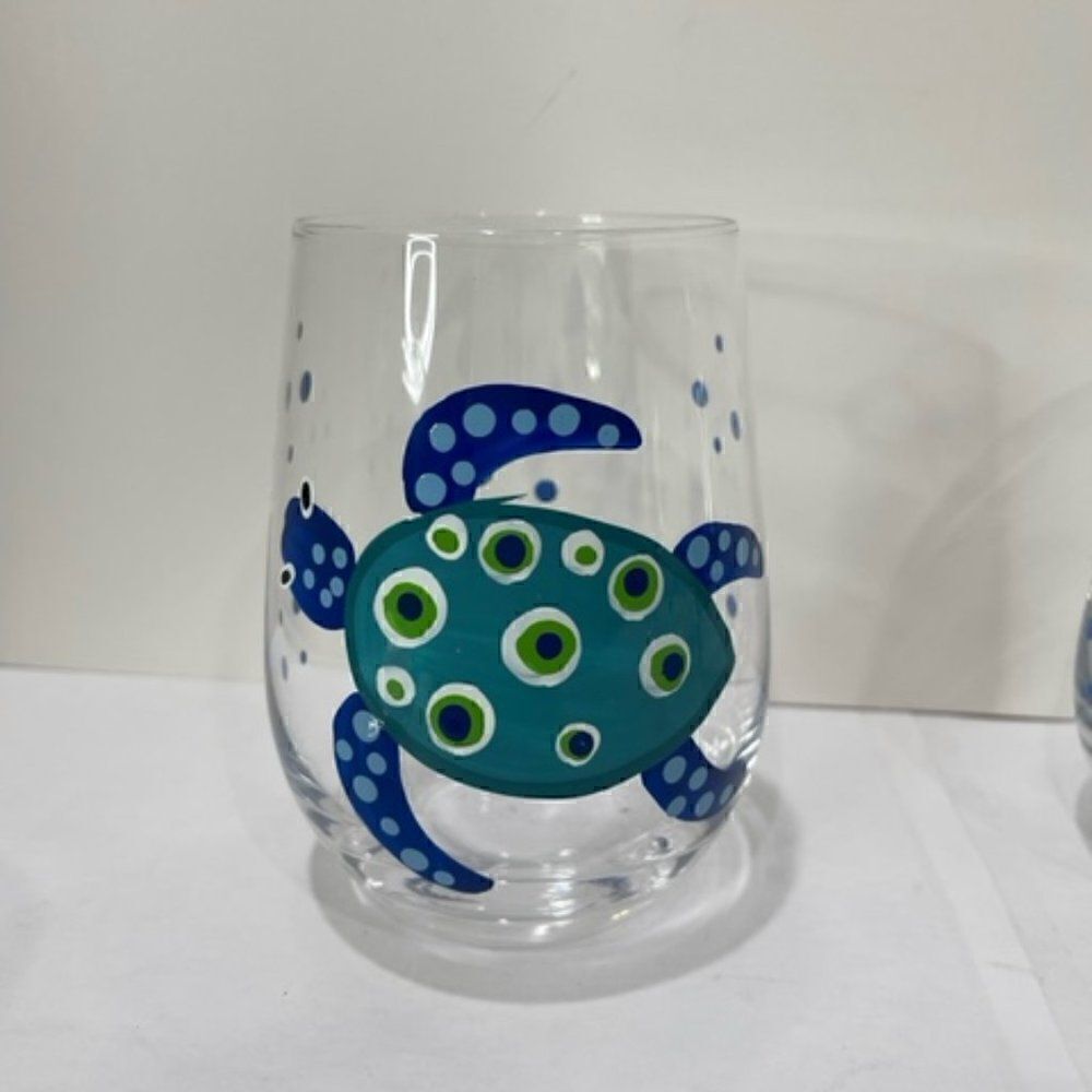 2 Stemless Wine Glasses Turtle - Blue December Diamonds New NWT Excellent - New - Picture 2 of 6